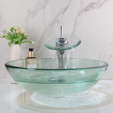 Clear Glass Vessel Sink with Chrome Faucet and Pop-Up Drain Set 17 Inch Round Bathroom Tempered Glass Basin Top Mount