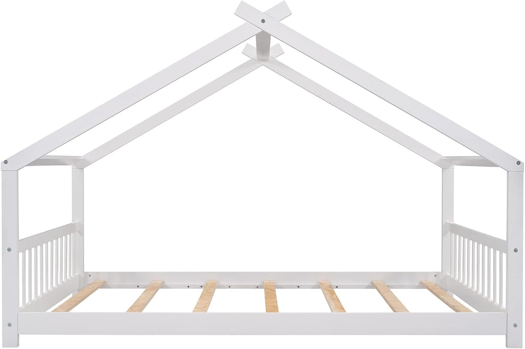 Full House Beds White Montessori Bed Wood Frame Kids Floor Bed with Headboard & Footboard for Children Boys Girls