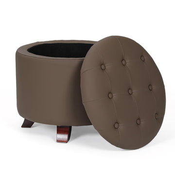 20 Inch Small Ottoman with Storage, Round PU Leather Storage Ottoman with Removable Lid, Stylish Footstool Foot Rest