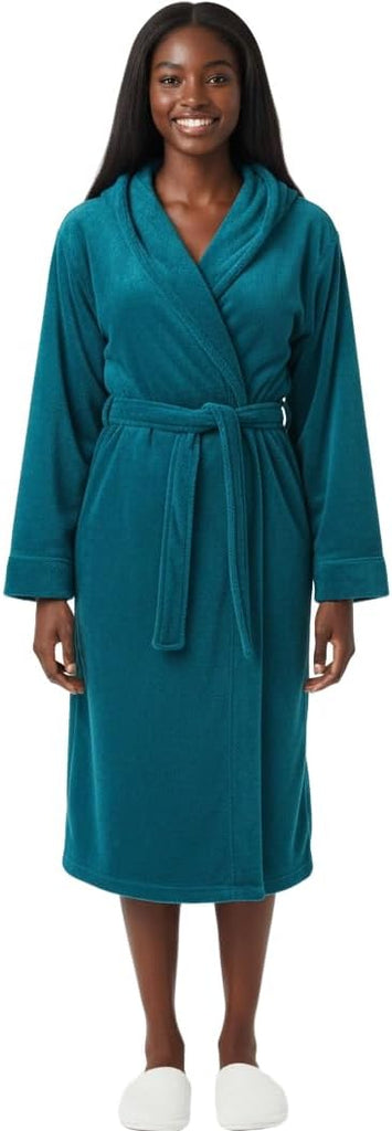 Women's Plush Fleece Robe with Hood, Lightweight Hooded Bathrobe with Pockets