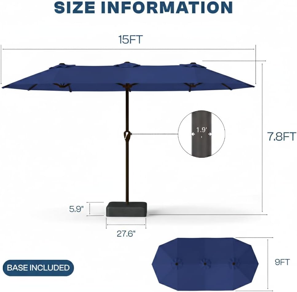 15FT Large Patio Umbrella with Base Included, Double Sided Outdoor Market Umbrella with Flexible Fiberglass Ribs