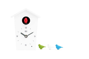 Birdhouse Mini White, Tiny Modern Cuckoo Clock with 12 Natural Bird Songs or Cuckoo Call