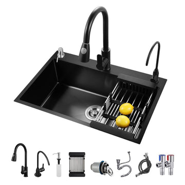 Black Kitchen Sink, Stainless Steel Single Bowl Sink, Drop In/Topmount Workstation Sink with Sliding Accessories