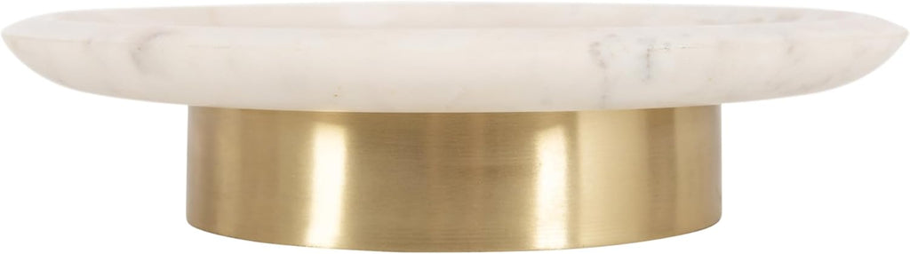 Sevienne Modern Glam Round Marble Tray, 10 Inch Diameter, White and Gold, Contemporary Scooped Pedestal Tray for Use