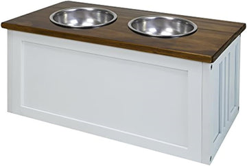 Old World Opulence Pet Feeder Storage Stand, Warm Brown Top, Solid Wood Build, Flip-Up Lid with Hidden Storage, 11"