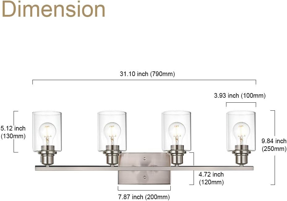 Industrial Brushed Nickel Wall Sconce with Clear Glass Shade and Metal Base,4 Light Bathroom Vanity Lighting Fixture