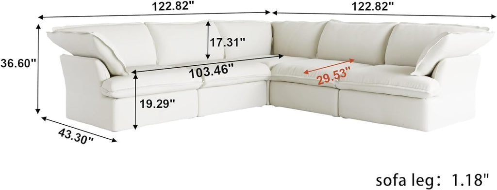 V-Shaped Cloud Sectional Couch, Deep Seats Convertible Sofas, Minimalist Cloud Modular Sofa, Down Fill Soft Sofas for Living Room, Office, Apartment (5 Seats, White)