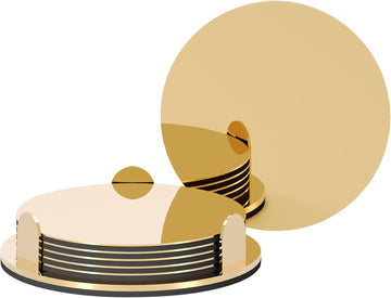Gold Stainless Steel Coasters with Holder, Modern Mirror Drink Coaster, Unique Round Cup Coasters - Set of 6