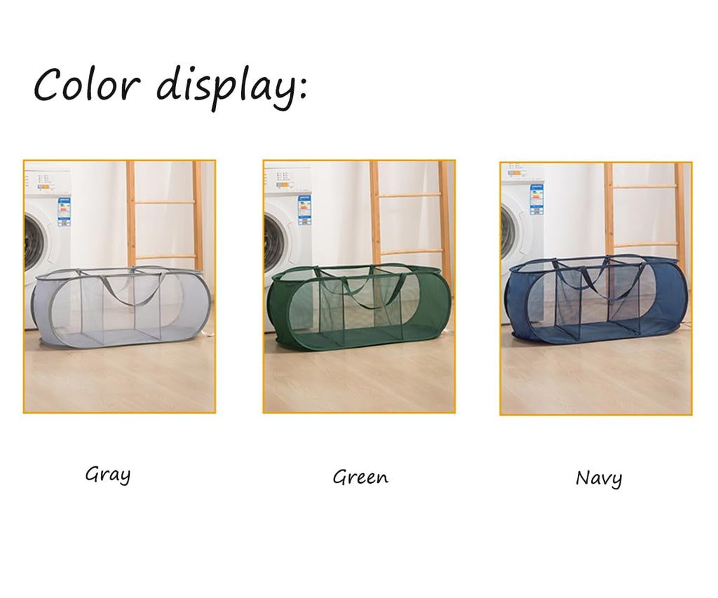Mesh Laundry Hamper Basket, Sturdy 3 Compartments Laundry Basket, Foldable Pop up Laundry Hamper with Side Pocket for