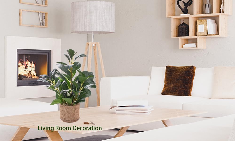 12.6" Fake Plants in Brown Ceramic Vase Realistic Ficus Leaf Faux Plant for Desk Book Shelf Bathroom Office Kitchen