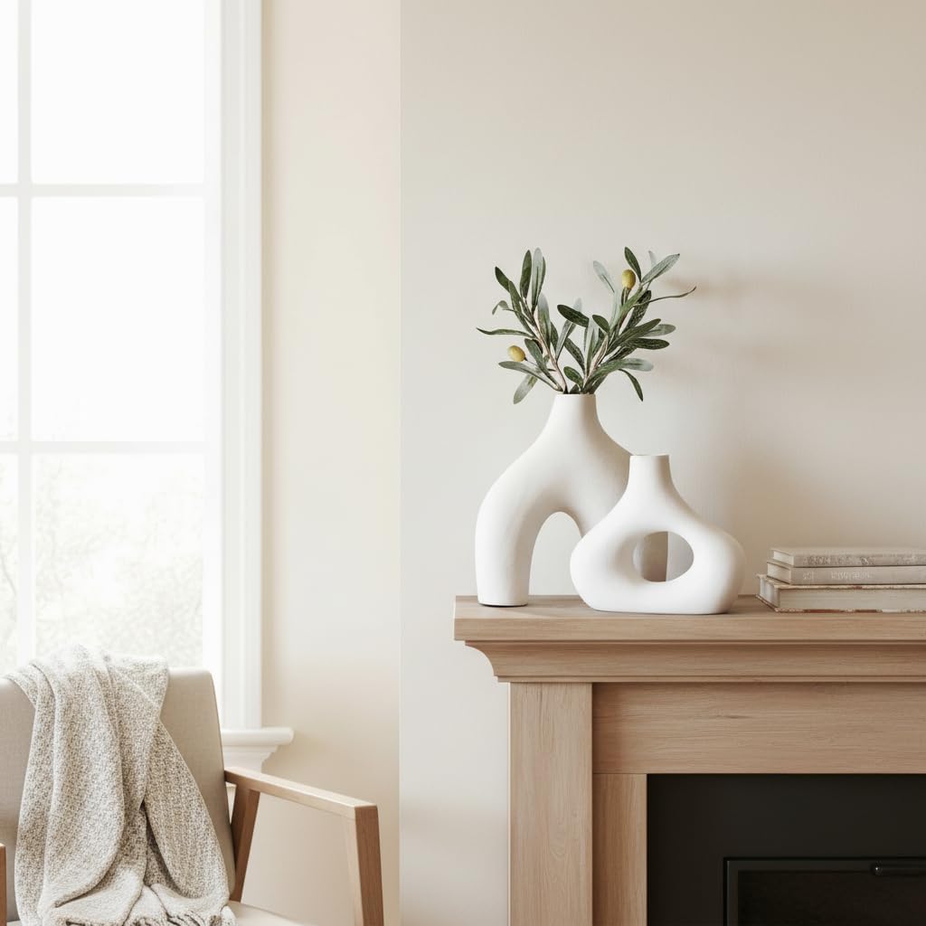 Donut Vase, Set of 2 - White Large Ceramic Vase - Minimalist Nordic, Hollow | Table Centerpiece, Olive Plant, Wedding