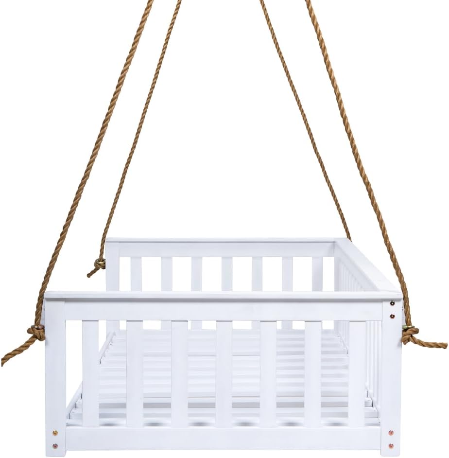 Charleston White Outdoor Daybed Swing with Ropes - Crib Size Porch Swing Bed Made from Acacia Wood