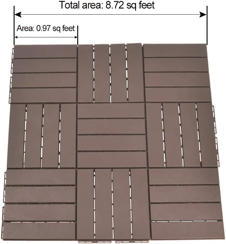 Patio Deck Tiles, 12 x 12 inches Composite Interlocking Decking Tile, Four Slat Plastic Outdoor Flooring, 9 Pieces One
