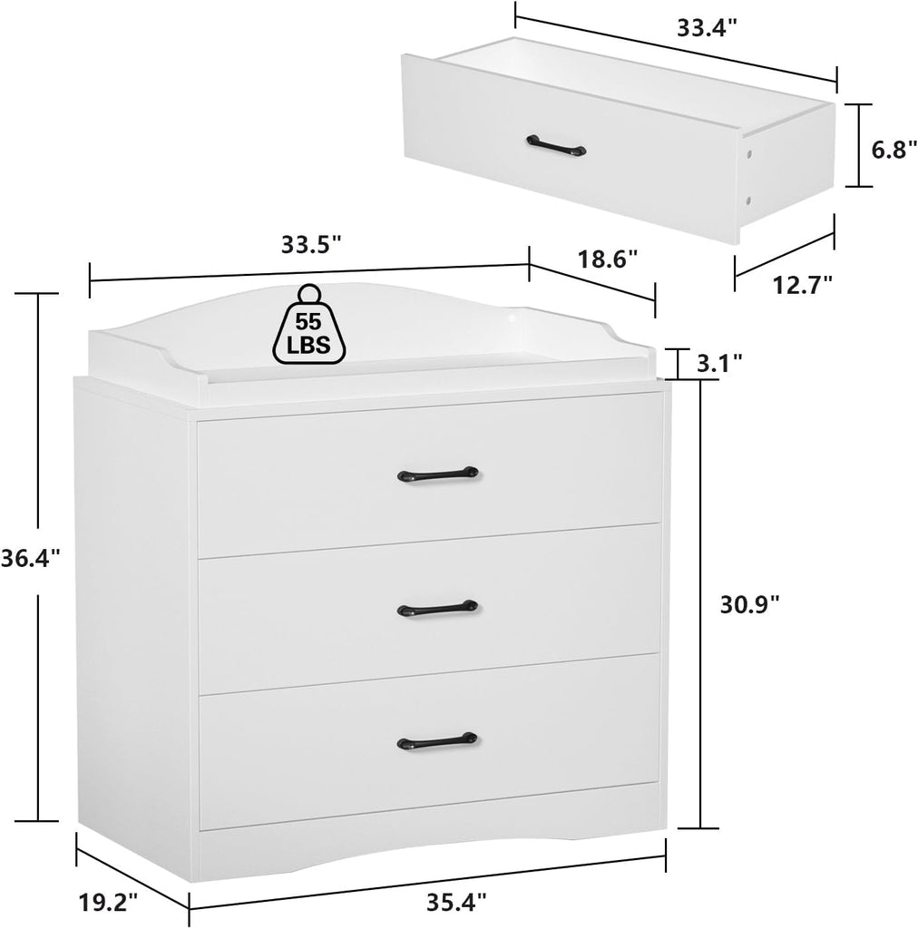 3 Drawer Nursery Dresser, Baby Dresser with Changing Topper, Small Dresser for Infant Diaper Storage, Changing