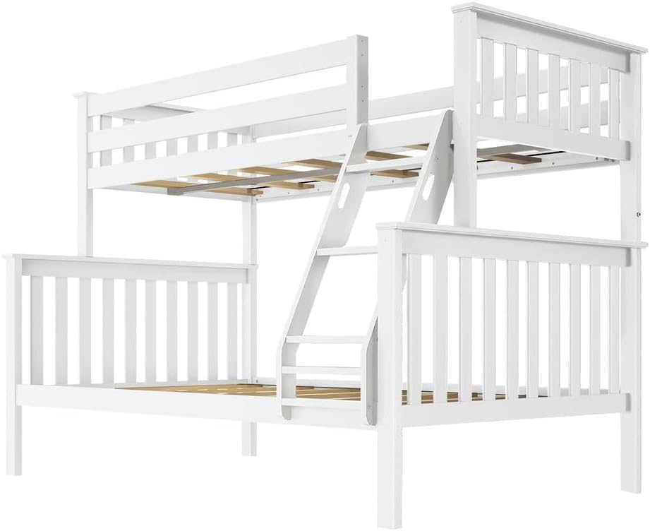 Bunk Bed Twin Over Full with Ladder, Solid Wood Platform Bed Frame with Ladder for Kids, 14" Safety Guardrails
