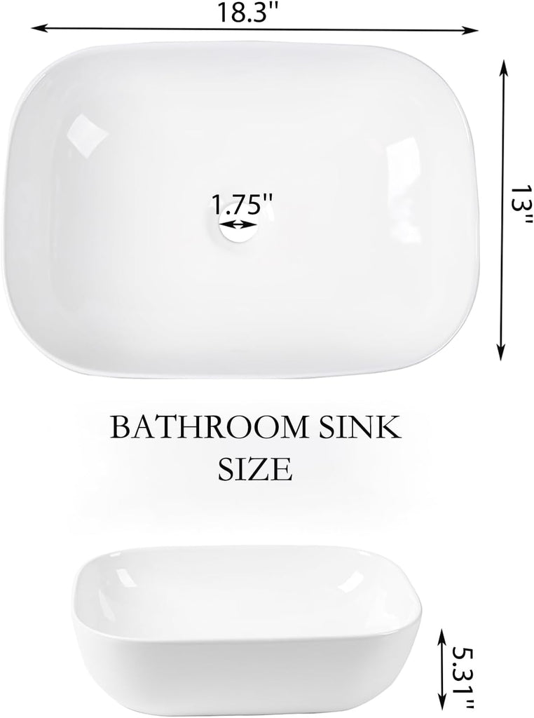 Vessel Sink Bowl Above Counter, QISHKA 18.3" x 13" Ceramic Oval Modern Bathroom Sink White Vanity Sink Lavatory Art
