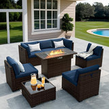 8-Piece Rattan Outdoor Patio Furniture Set - Fire Pit | Navy Blue for Patio, Garden & Porch