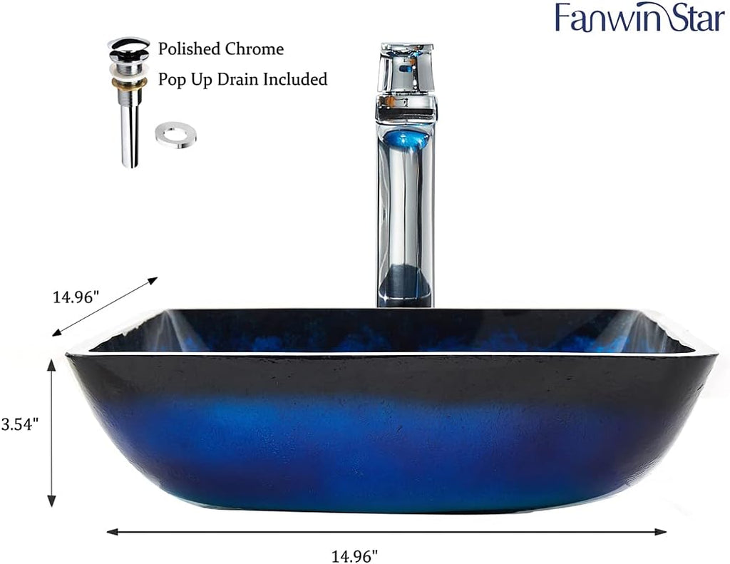 Blue Lotous Square Tempered Deco Glass Vessel Bathroom Sink in Lustrous Blue | Top Mount Sinks Above Countertop |