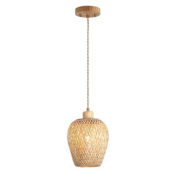 Bamboo Pendant Light Fixture One-Light Adjustable Boho Basket Handmade Woven Mini Pendant Lighting Island Sink