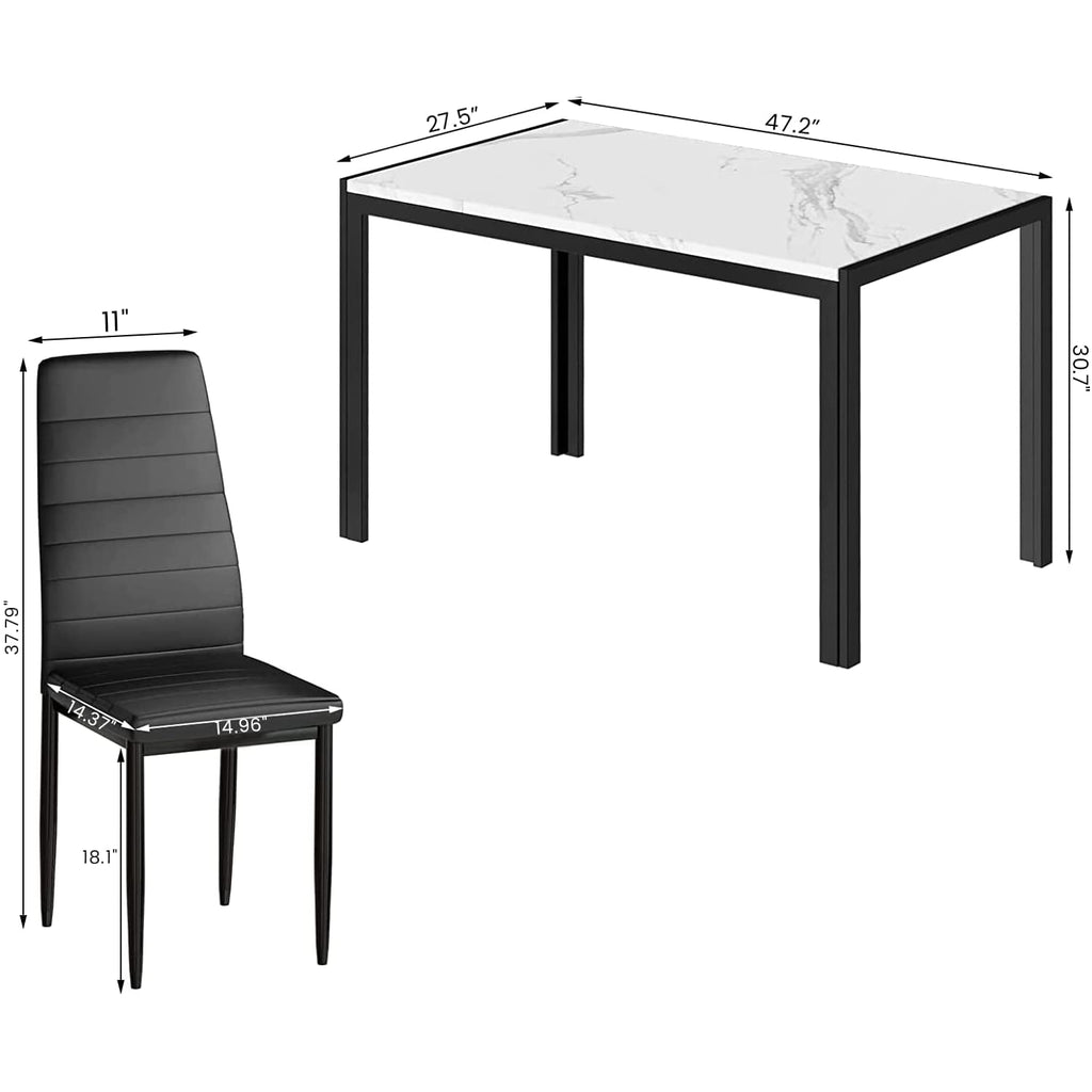 Faux Marble Dining Table Set for 4, Rectangular Faux Marble Table and 4 PU Leather Chairs, 5 Pieces Kitchen Table