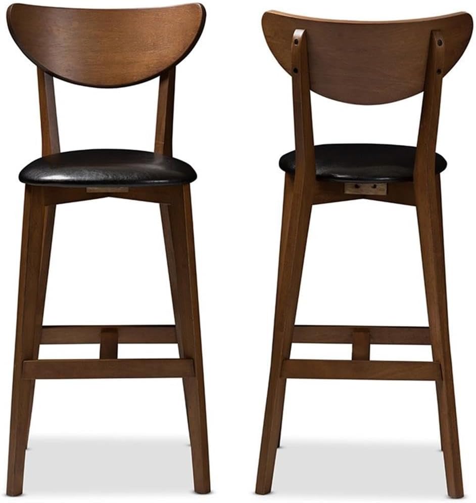 30" Bar Stools, Faux Leather and Rubberwood, Black and Walnut Brown Finish, Set of 2, Bentwood Back, Mid-Century