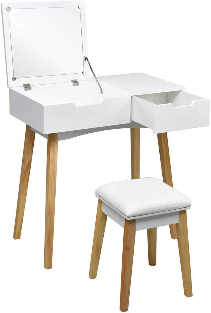 Vanity Table with Flip Top Mirror and Stool, Wooden Makeup Table Writing Desk with Drawer, Storage Compartment