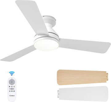 Ceiling Fans with Lights, 42 inch Low Profile Ceiling Fan with Light and Remote Control, Flush Mount, Reversible, 3CCT, Dimmable, Noiseless, White Ceiling Fan for Bedroom, Indoor/Outdoor Use