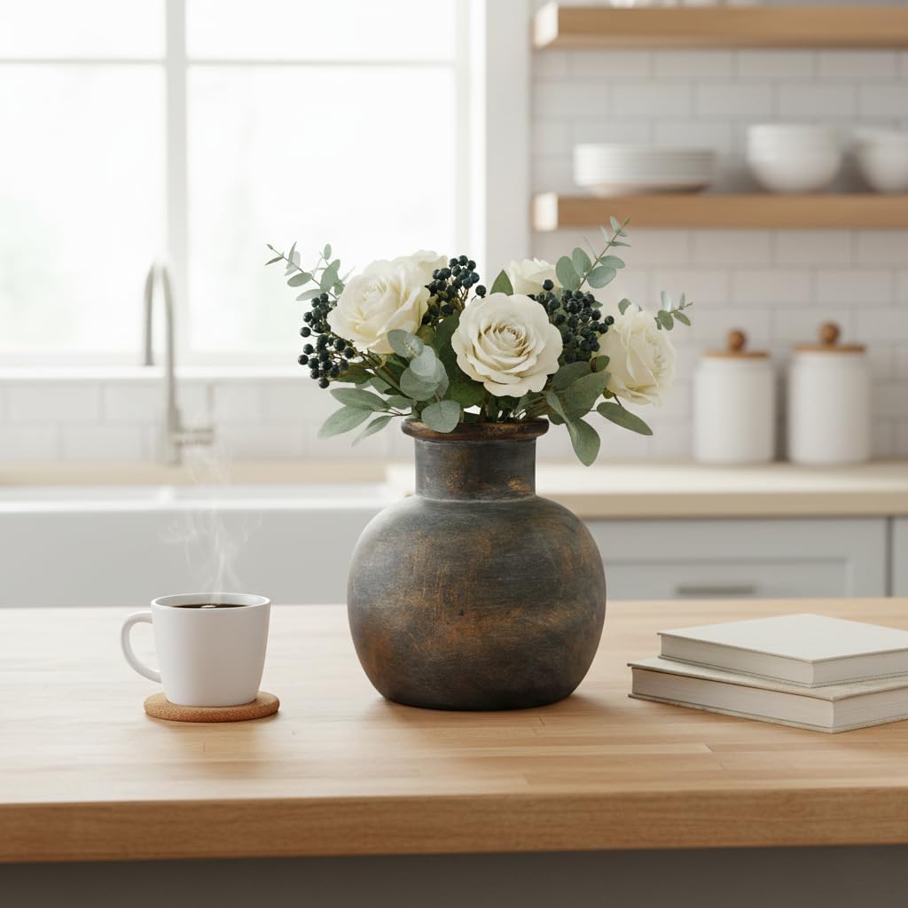 Ceramic Rustic Farmhouse Vase | 6 Inch Pottery Decorative Flower | Boho | Terracotta Vase