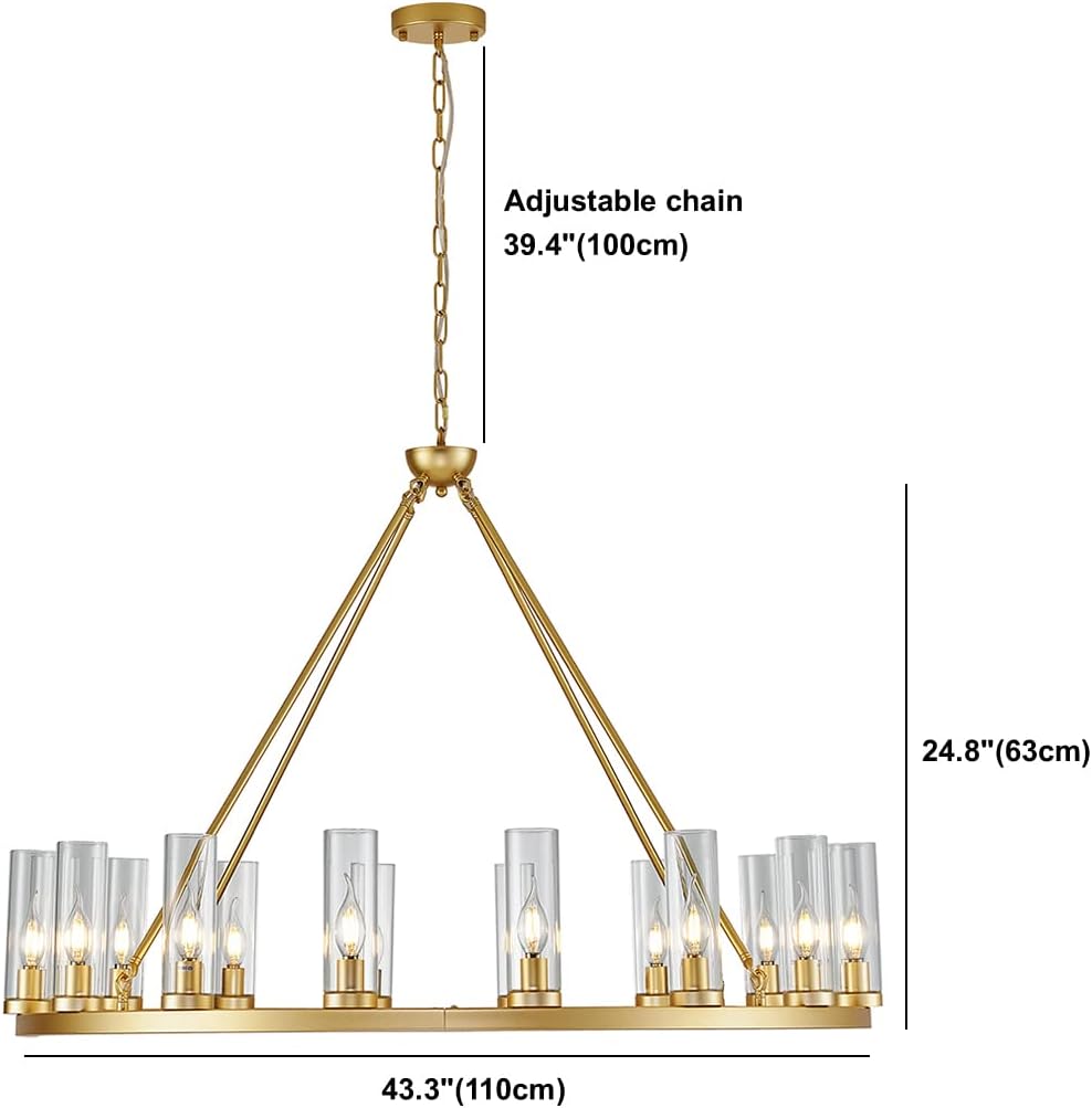 Inspired Ravelle Style Farmhouse Wagon Wheel Chandelier,D42 16 Light Gold Industrial Rustic Chandelier Lighting, Round Kitchen Island Pendant Light with Clear Glass (42in-16 Lights)