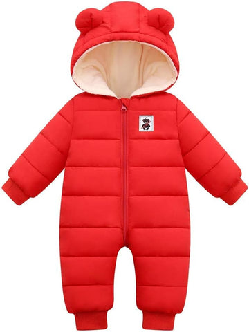 Unisex Baby Snowsuit Infant Cute Bear Hooded Winter Warm Flannel Lining Romper
