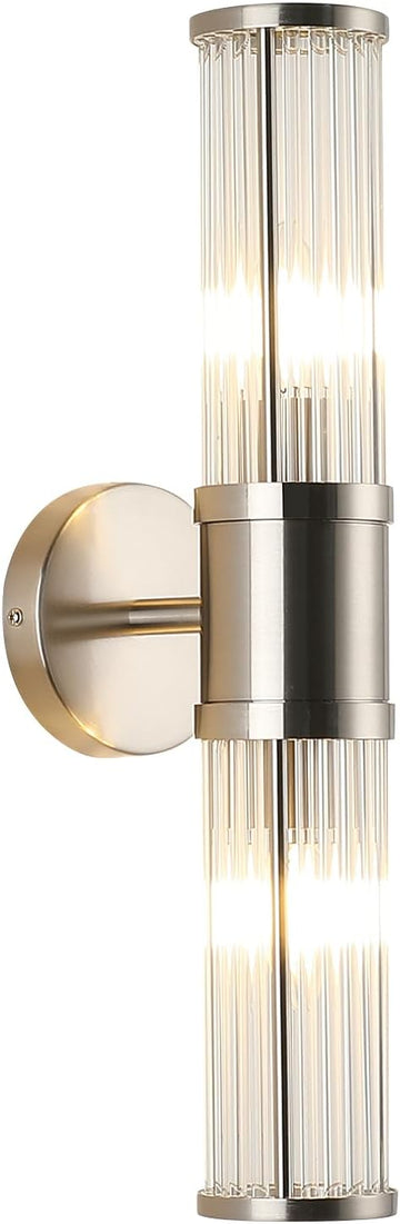 Brushed Nickel Wall Sconce with Glass Rods - Modern Industrial Vanity Light Fixture, E12 Candelabra Base (Bulbs Not