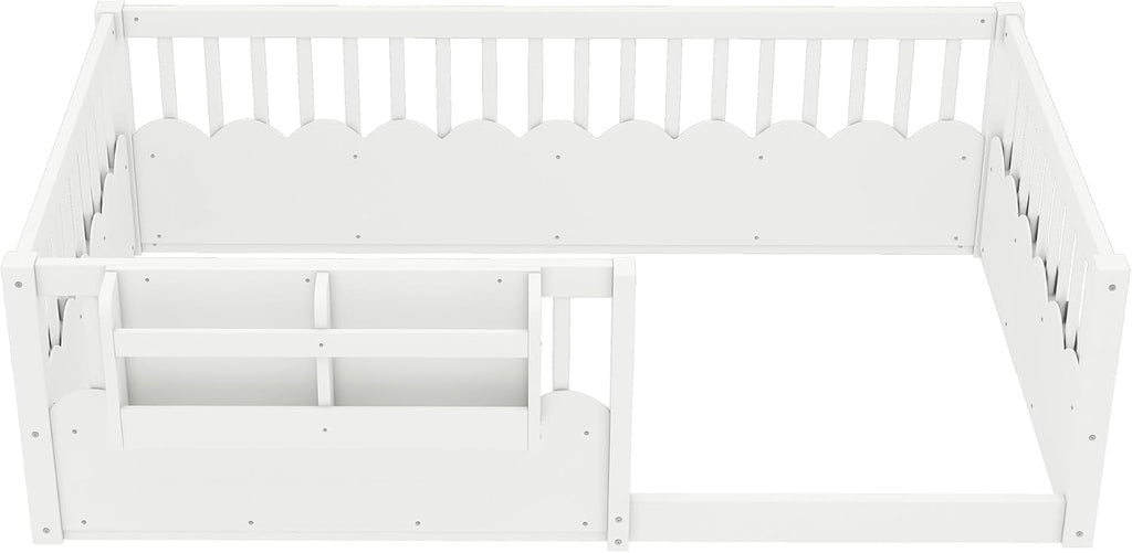 Twin Size Kids Montessori Floor Bed,Solid Wood Floor Bed Frame with Bookshelf and High Fence for Kids,Girls,Boys,White