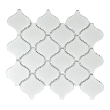 Snowy Glossy Arabesque Porcelain Tile - 11.38" x 12.25" Sheet for Wall, Backsplash, Bathroom, Shower Accent, White