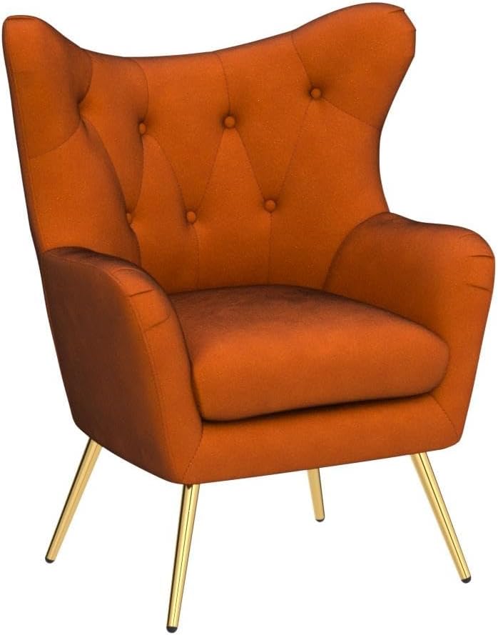 Velvet Tufted Accent Chair, Modern Wingback Arm Chair, Orange | Metal Gold Legs, Wood Frame, Velvet Tufted
