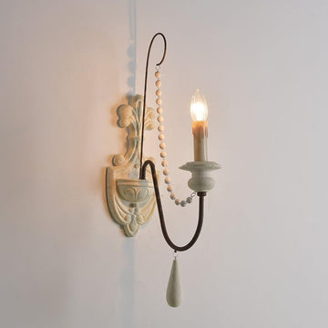 French Country Wall Sconce Vintage Distressed White Wood Rustic Farmhouse Candle Style Light Fixture with Beads
