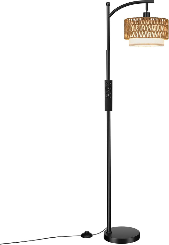 Arc Floor Lamp with Remote, Boho Standing Lamp with Rattan & Linen Shades, Color Temperature & Dimmable Bulb