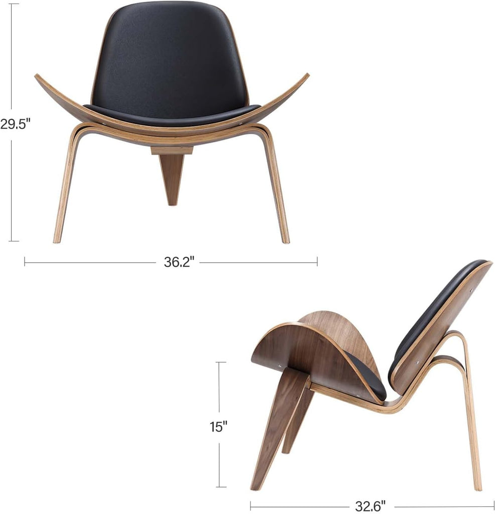 Mid Century Modern Shell Lounge Chair, PU Leather, Tripod Plywood Classic Design Solid Wood Accent Chairs , Reading