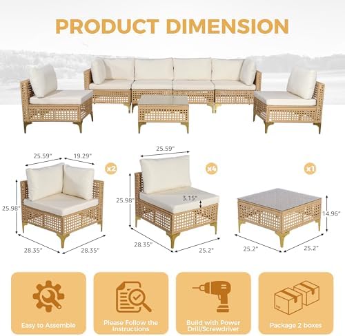 7-Piece Wicker Outdoor Patio Furniture Set - Conversation | Beige with Thick Cushions for Backyard, Garden & Porch
