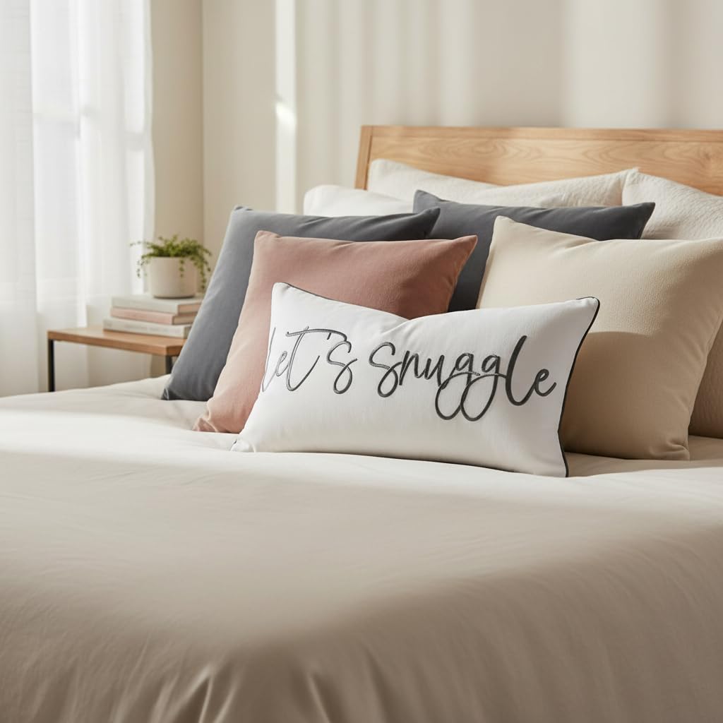Let's Snuggle Decorative Lumbar Pillow Cover - 12x20 Inch White and Grey Cotton Embroidery Throw Pillowcase