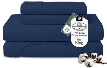 100% Organic Cotton King Sheet Set - Percale Weave - 4 Pieces Set - 1 Flat, 1 Deep Pocket Fitted Sheet and 2