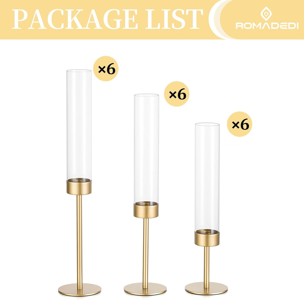 Glass Hurricane Candlestick Holders Gold - 18 PCS Taper Candle Holder Bulk Tall Clear Glass Cylinder Table