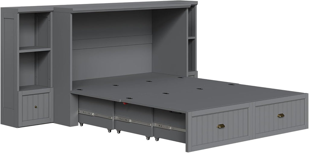 Full Murphy Bed with Bedside Tables, Foldable Cabinet with 3 Storage Drawers & Charging Station, Farmhouse Hideaway