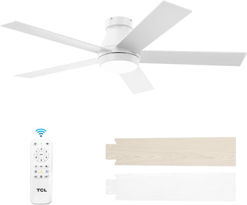 52" Modern Ceiling Fan with Lights, 5 Blades, 6 Speeds DC Reversible, Dimmable, White Flush Mount for Bedroom, Living Room and Garage