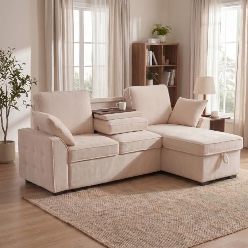 L‐Shaped Queen Pull Out Sleeper Sofa Bed with Storage Chaise, Beige