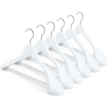 White Wooden Suit Hangers 6 Pack, Thick Wide Shoulder Hangers