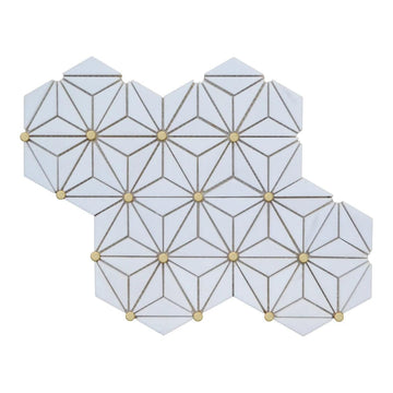White Geometric Marble Mosaic Tile with Brass Dots, 12x15 Inch, Honed Finish, Floor & Wall Use (1 Sheet)