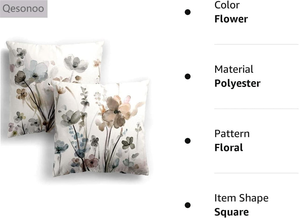 KKVEE Flower Throw Pillow Covers 18x18 Set of 2, Flowers Pillow Cushion Cases, Modern Decorative Square Pillowcases
