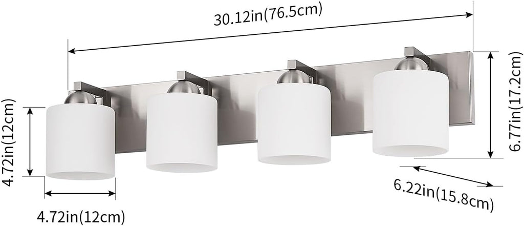 4-Light Brushed Nickel Bathroom Vanity Light with White Glass Shades | makeup vanity illumination grooming station