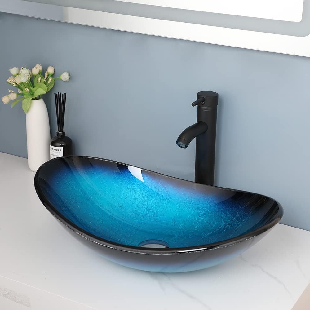 Blue Tempered Glass Vessel Sink with Faucet and Drain 21 Inch Oval Bathroom Sink Above Counter, Bathroom Basin Bowl Sink
