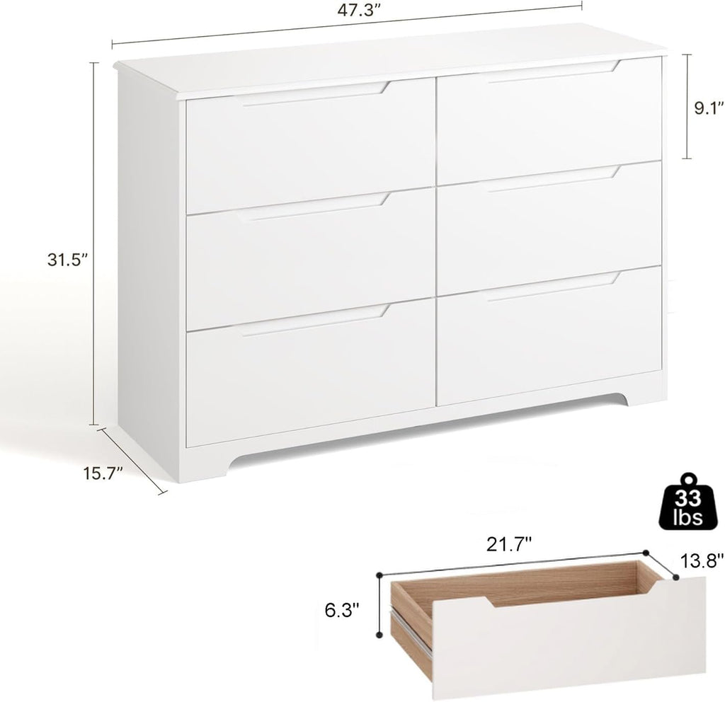 6 Drawer Double Dresser with Anti-Tip Design, White | Modern Wide Wooden Chest of Drawers with Cut-Out Handles